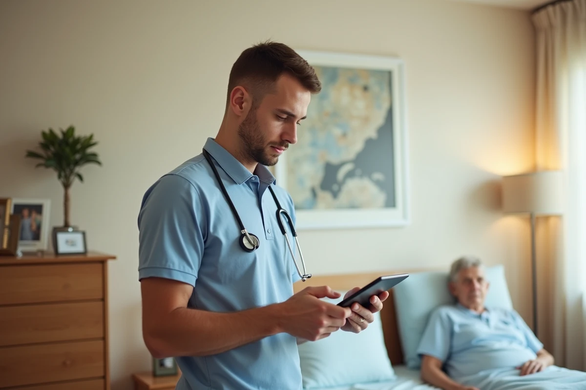Jeune aide-soignant v&eacute;rifiant patient sur tablette