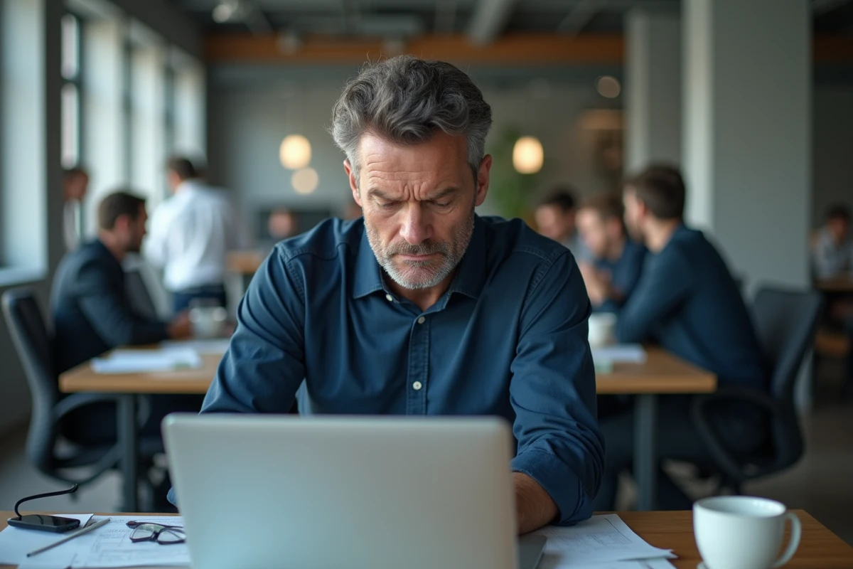 Homme stressé au bureau souffrant d'anxiété généralisée et de tensions corporelles au travail