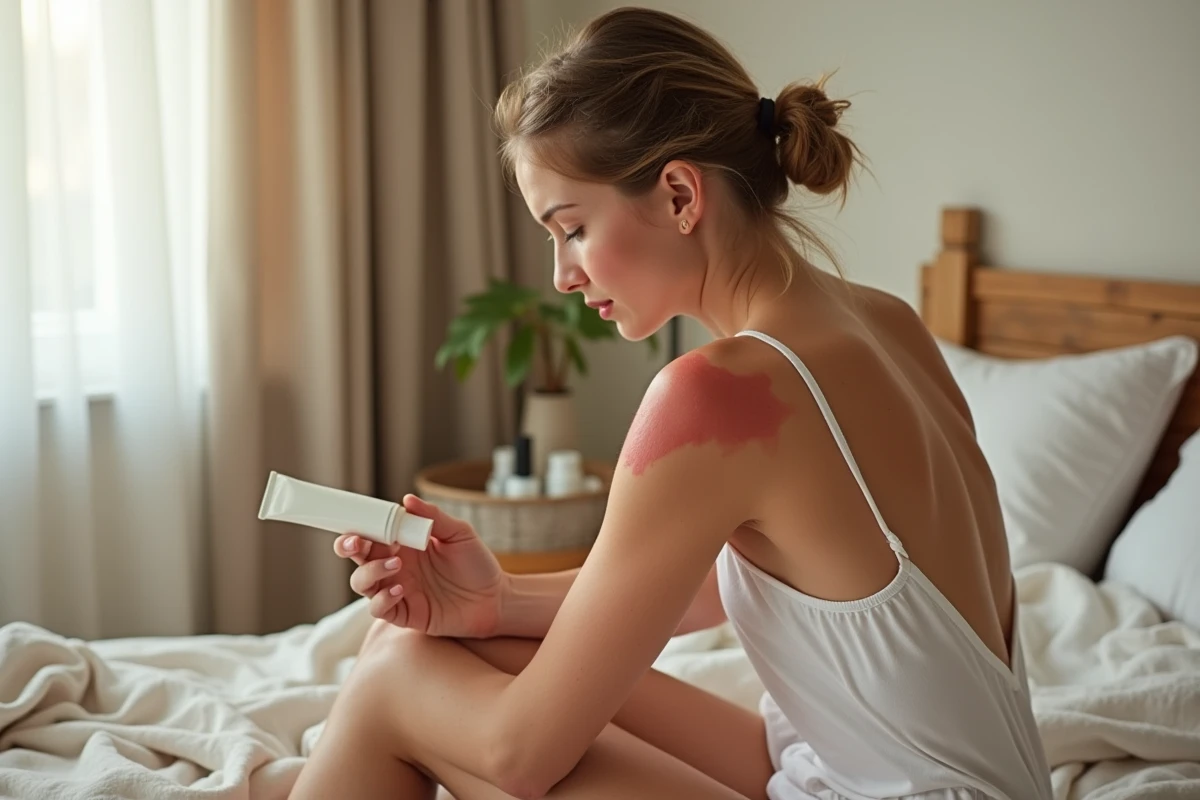 Jeune femme appliquant un gel Ialuset sur des coups de soleil dans les épaules après une journée à la plage