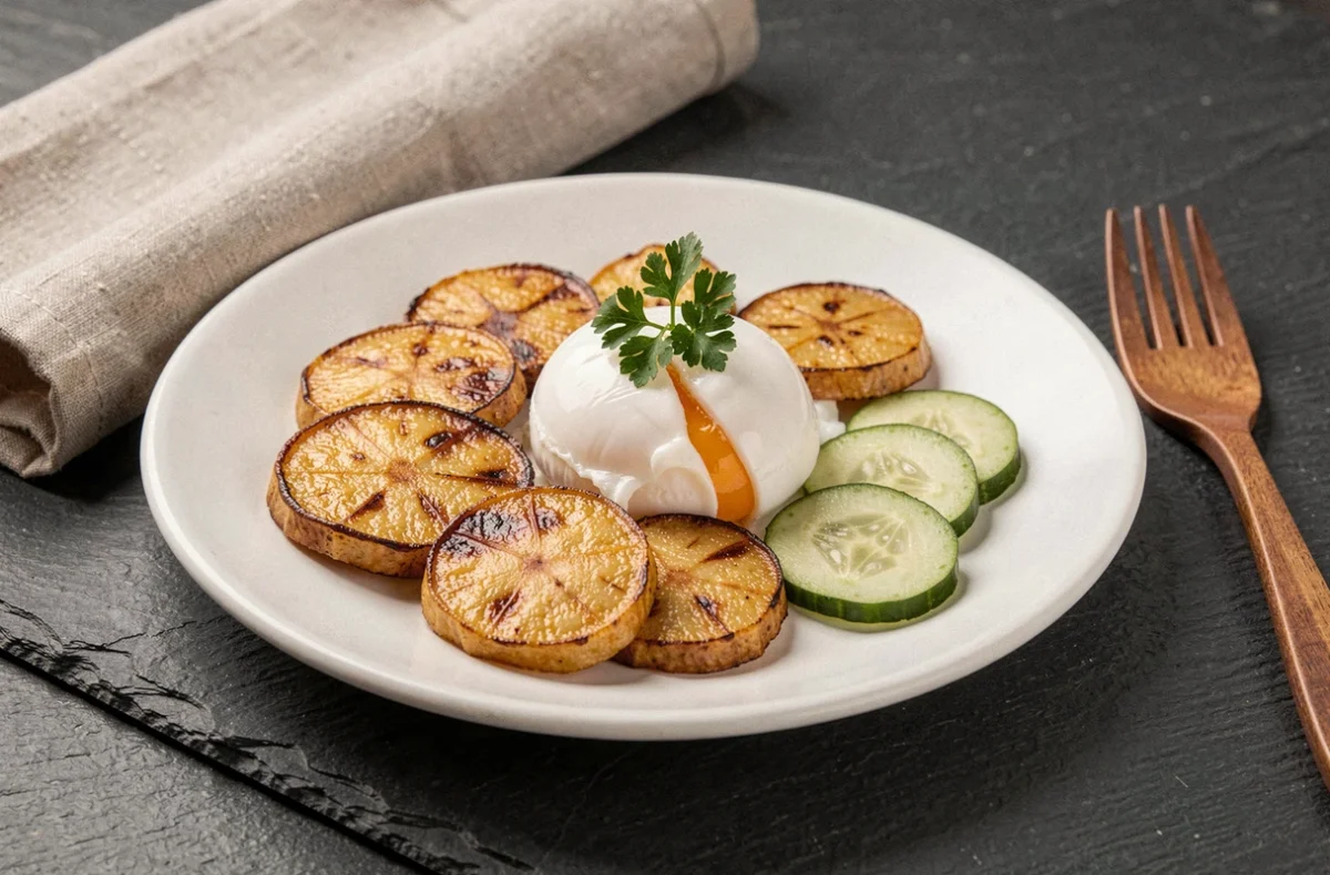 Assiette de petit-déjeuner avec tranches d'igname dorées à la poêle, œuf poché et persil frais sur céramique blanche