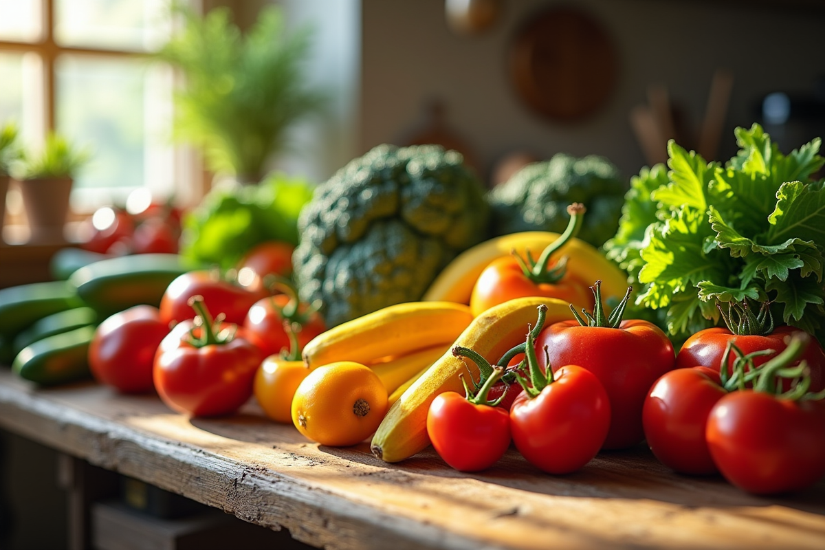 Assortiment de fruits et légumes frais sur une table en bois