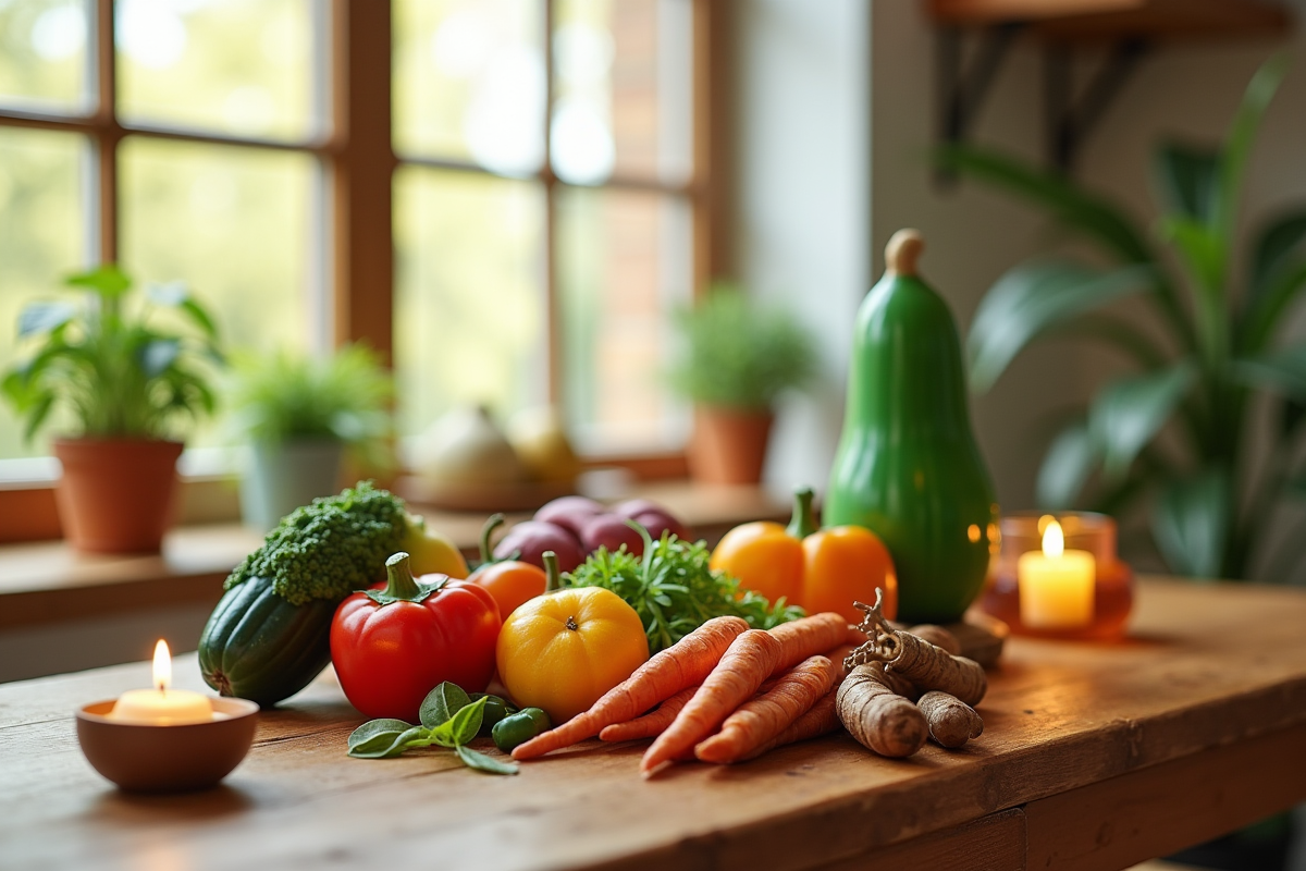 Assortiment de plats vegan colorés sur une table en bois