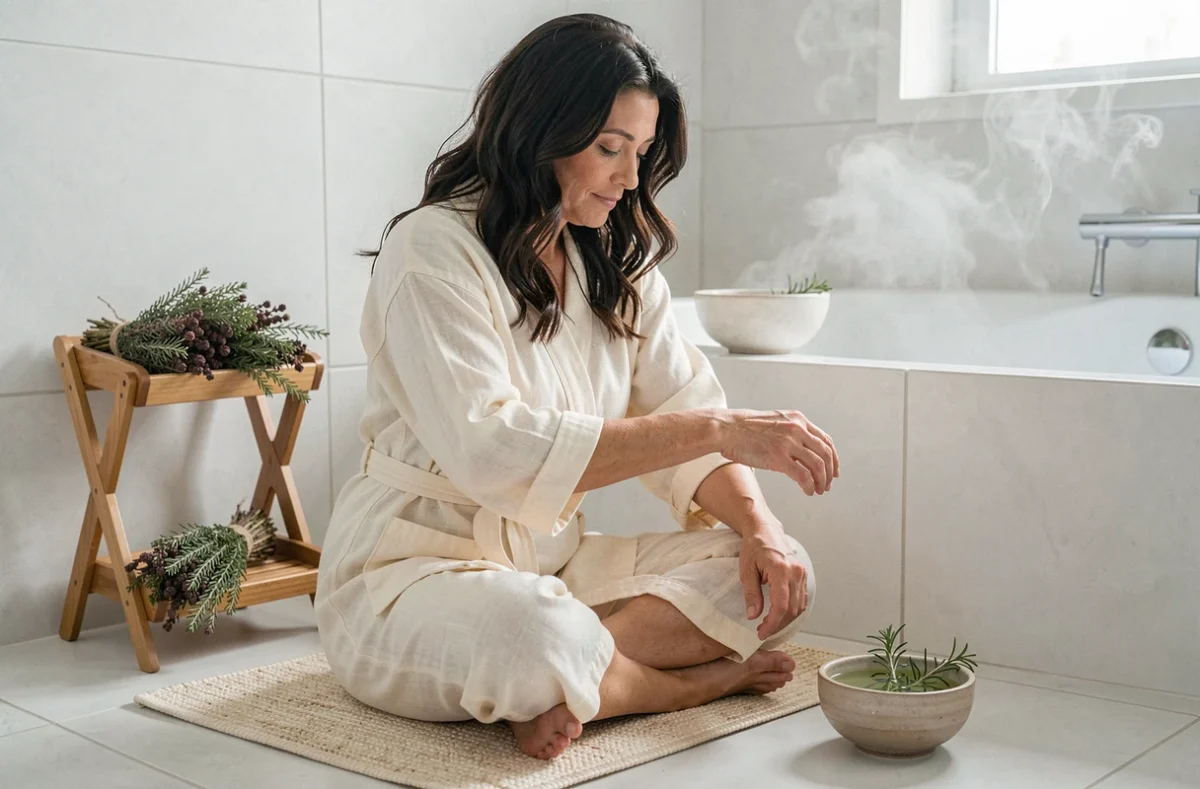 Femme pratiquant un automassage au romarin dans une salle de bain apaisante avec un bol d'huile infusée et des branches de romarin séchées