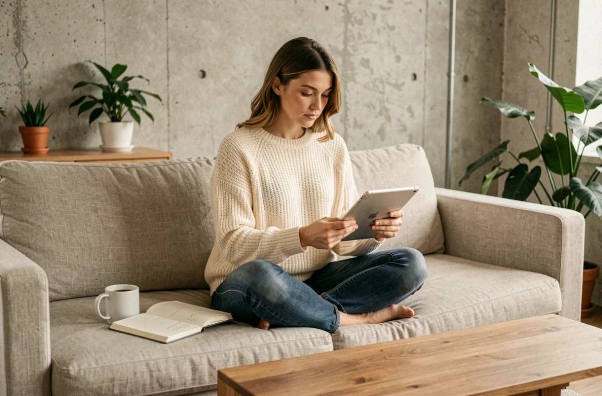 Jeune femme lisant un comparatif de marques sur une tablette depuis son salon moderne