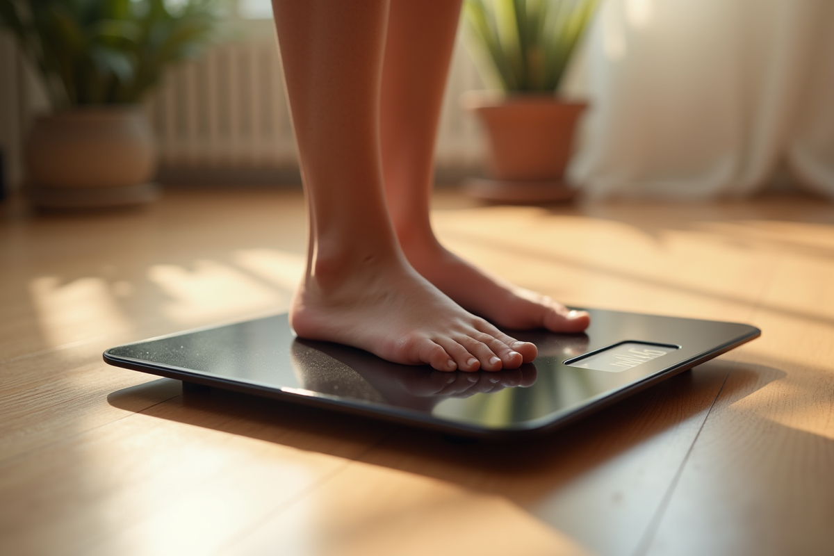 Pieds sur une balance connectee dans un interieur moderne