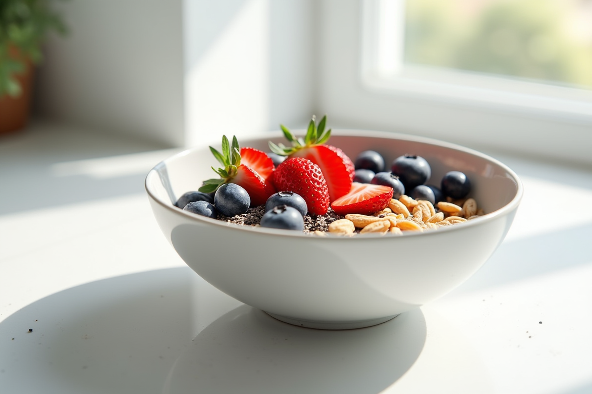 Bol de petit déjeuner sain avec yaourt et fruits frais