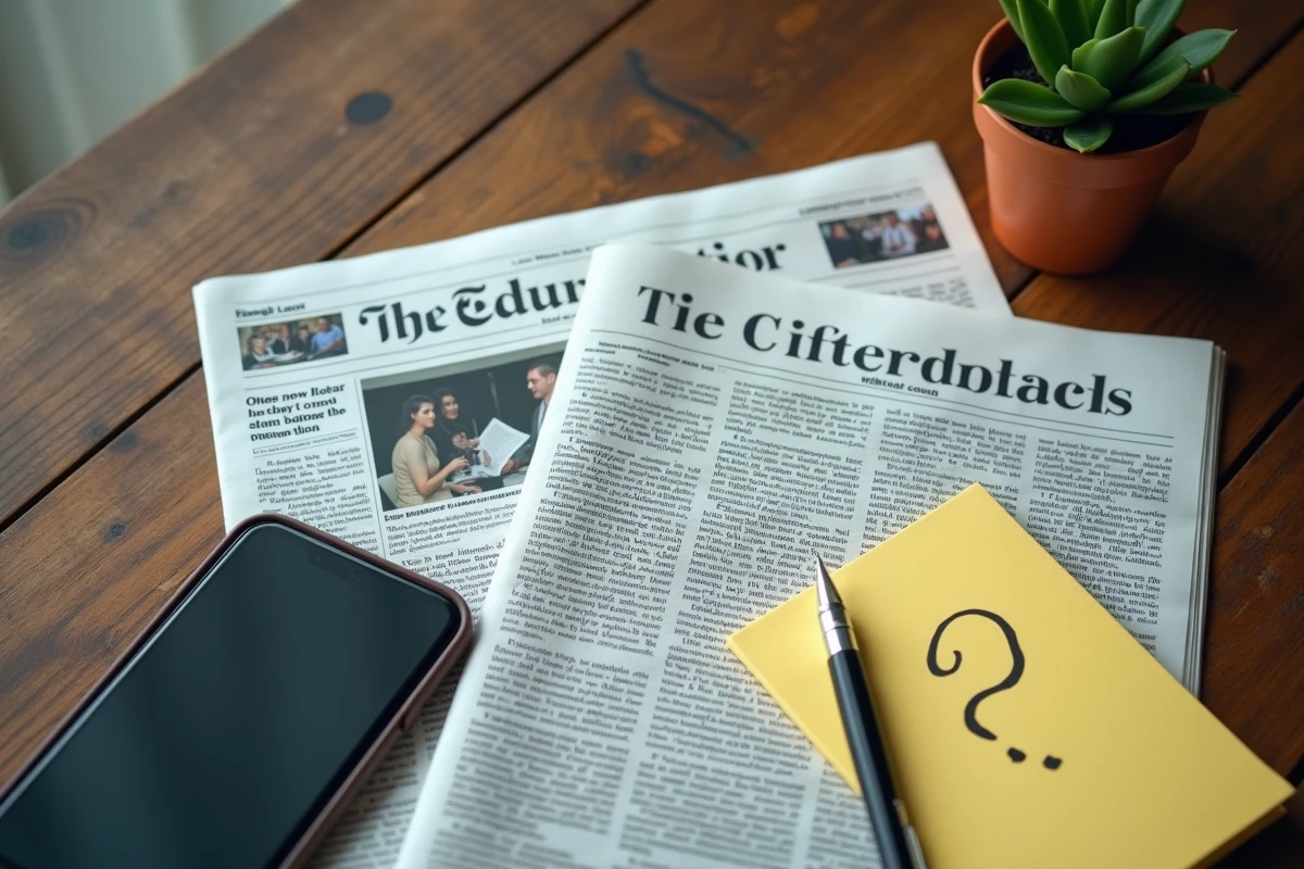 Vue de dessus d'un bureau avec smartphone affichant des réseaux sociaux, journal imprimé et notes manuscrites avec points d'interrogation, illustrant la démarche de vérification d'une rumeur de maladie