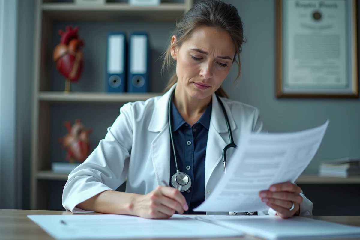 Cardiologue féminine en consultation examinant des documents médicaux relatifs aux effets cardiovasculaires de compléments alimentaires comme Puissance 1000