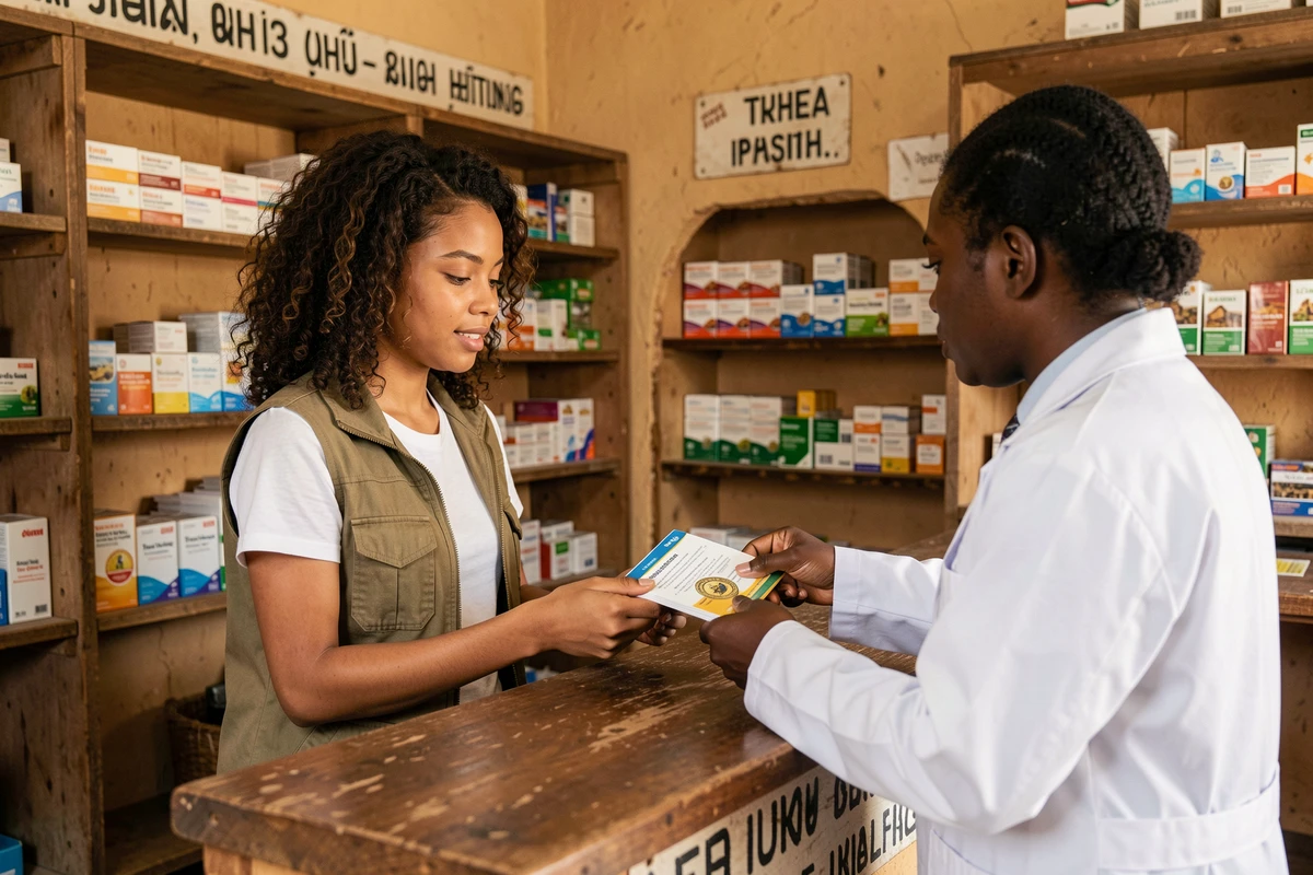 Voyageuse faisant tamponner son carnet de vaccination international dans une pharmacie en Tanzanie