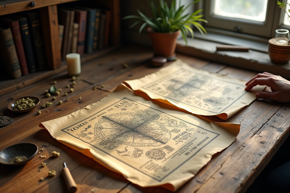 Cartes anciennes et herbes sur un bureau de chercheur