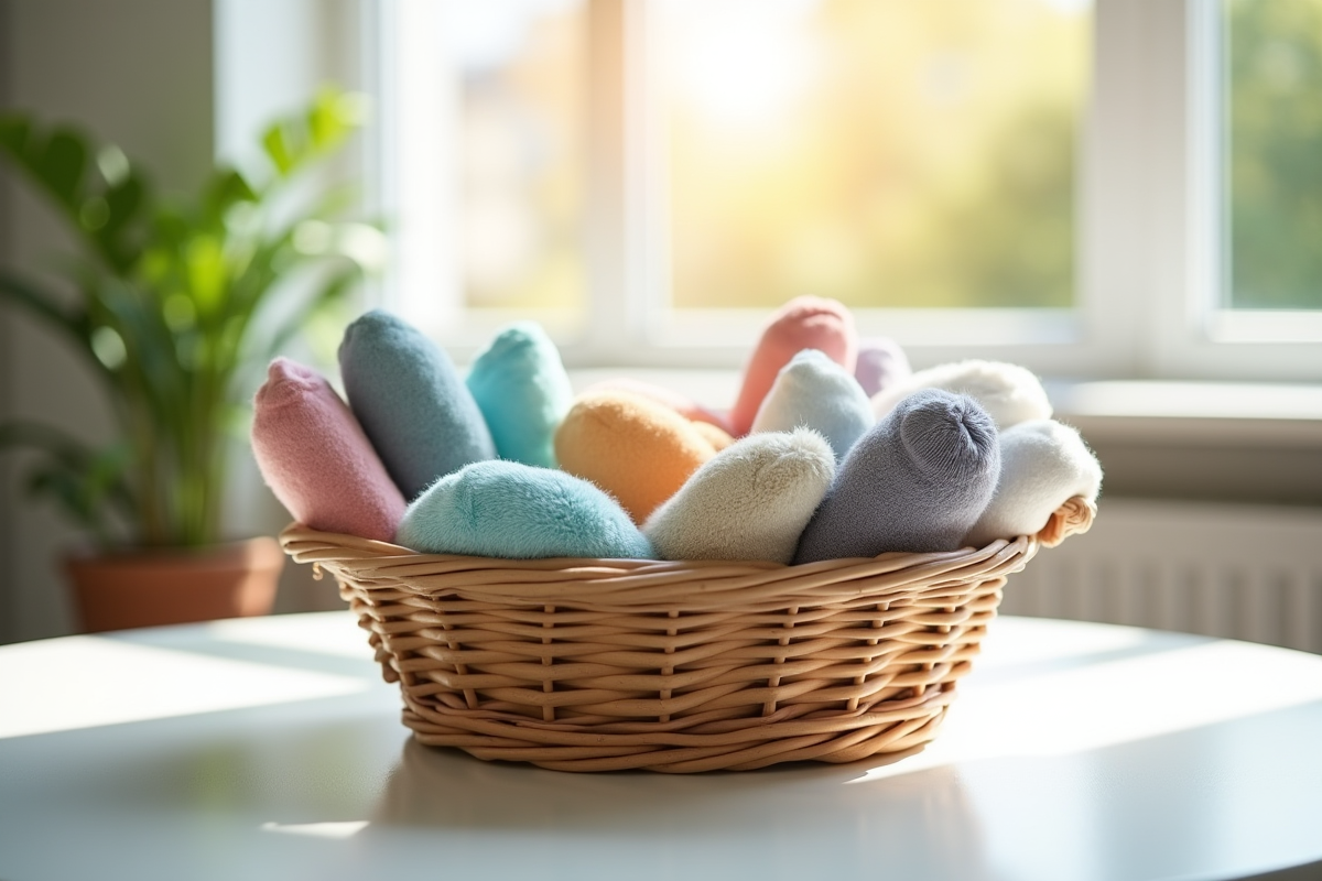 Panier de chaussettes colorées propres sur une table blanche