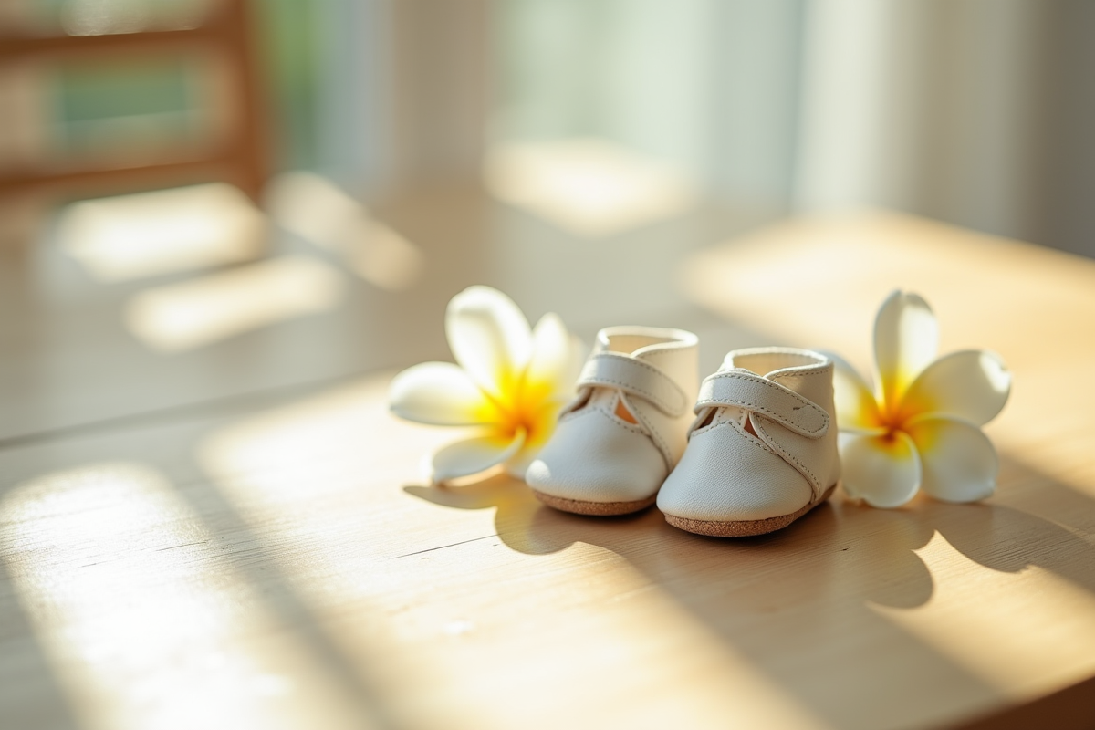 Petites chaussures de bébé avec une fleur blanche sur une table en bois