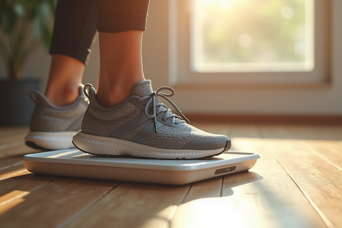 Chaussures de sport sur une balance montrant la perte de poids