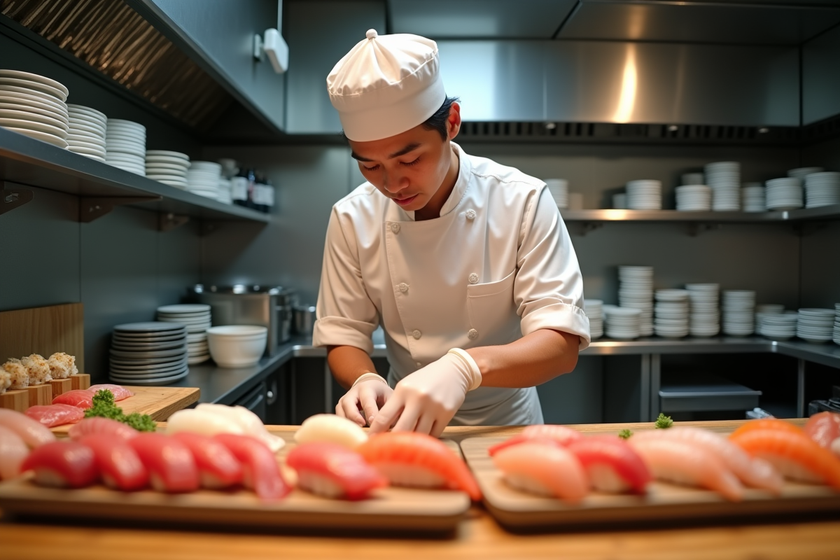 Chef préparant des sushi dans une cuisine urbaine