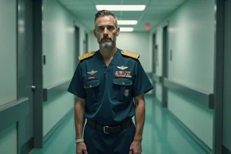 Chirurgien militaire en uniforme de l'armée française dans un couloir d'hôpital militaire moderne