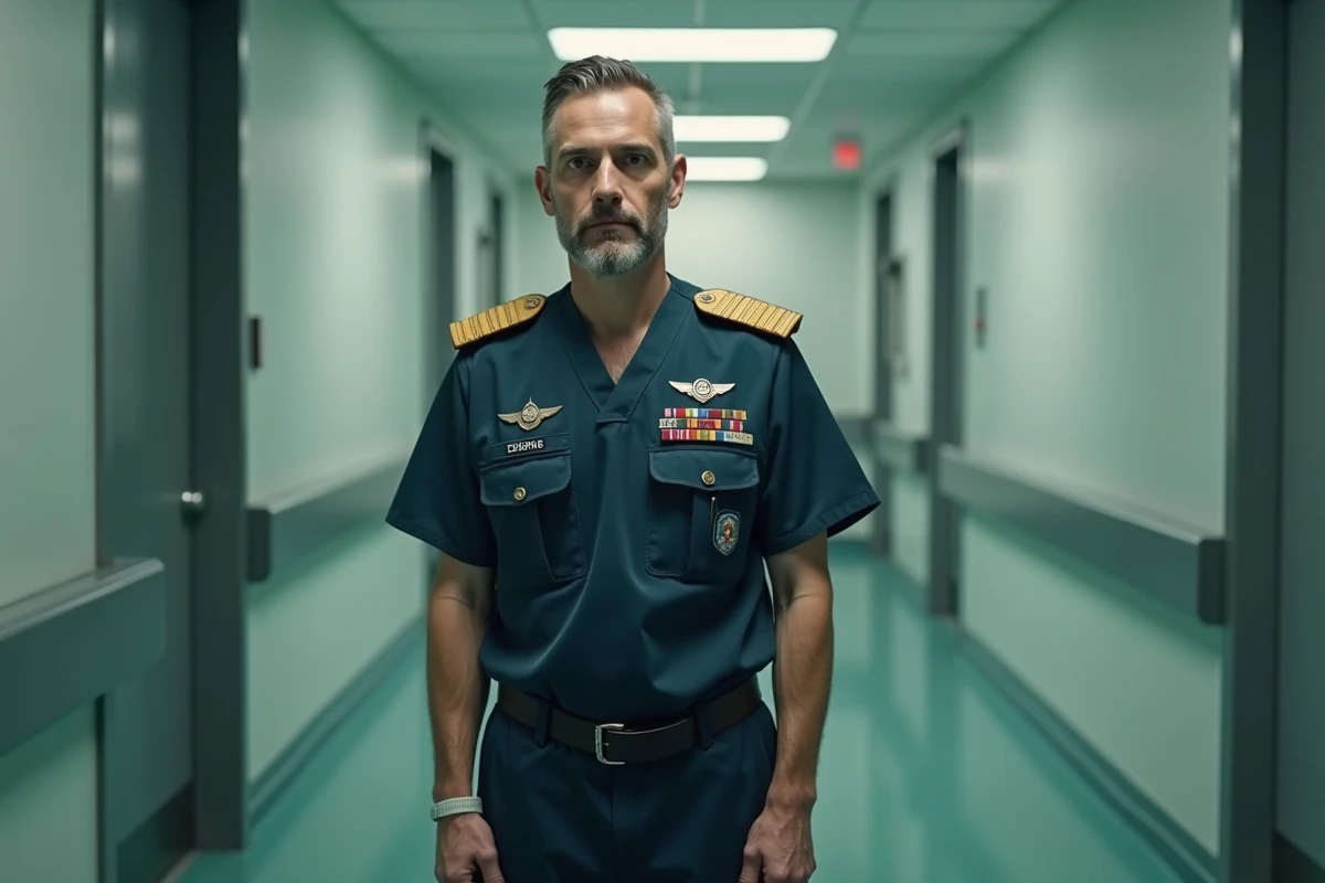 Chirurgien militaire en uniforme de l'armée française dans un couloir d'hôpital militaire moderne