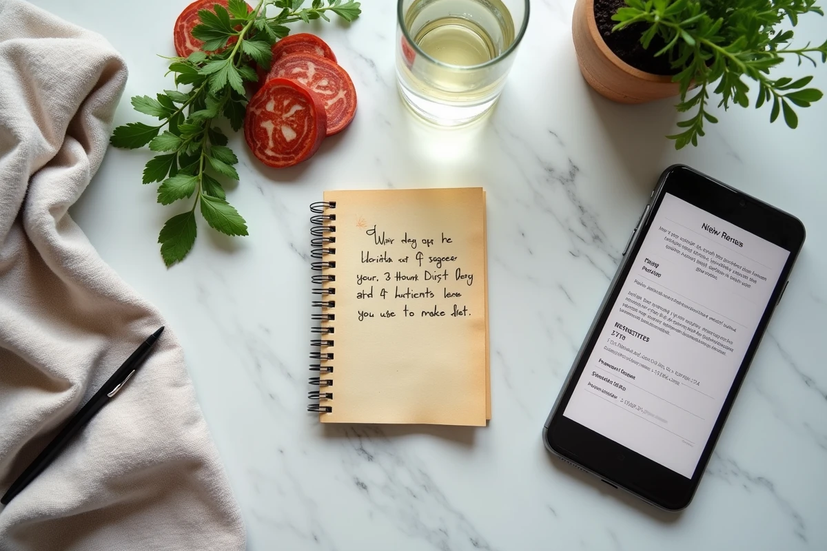 Vue de dessus d'un plan de travail avec du chorizo, un carnet de notes de grossesse et un smartphone affichant des informations nutritionnelles