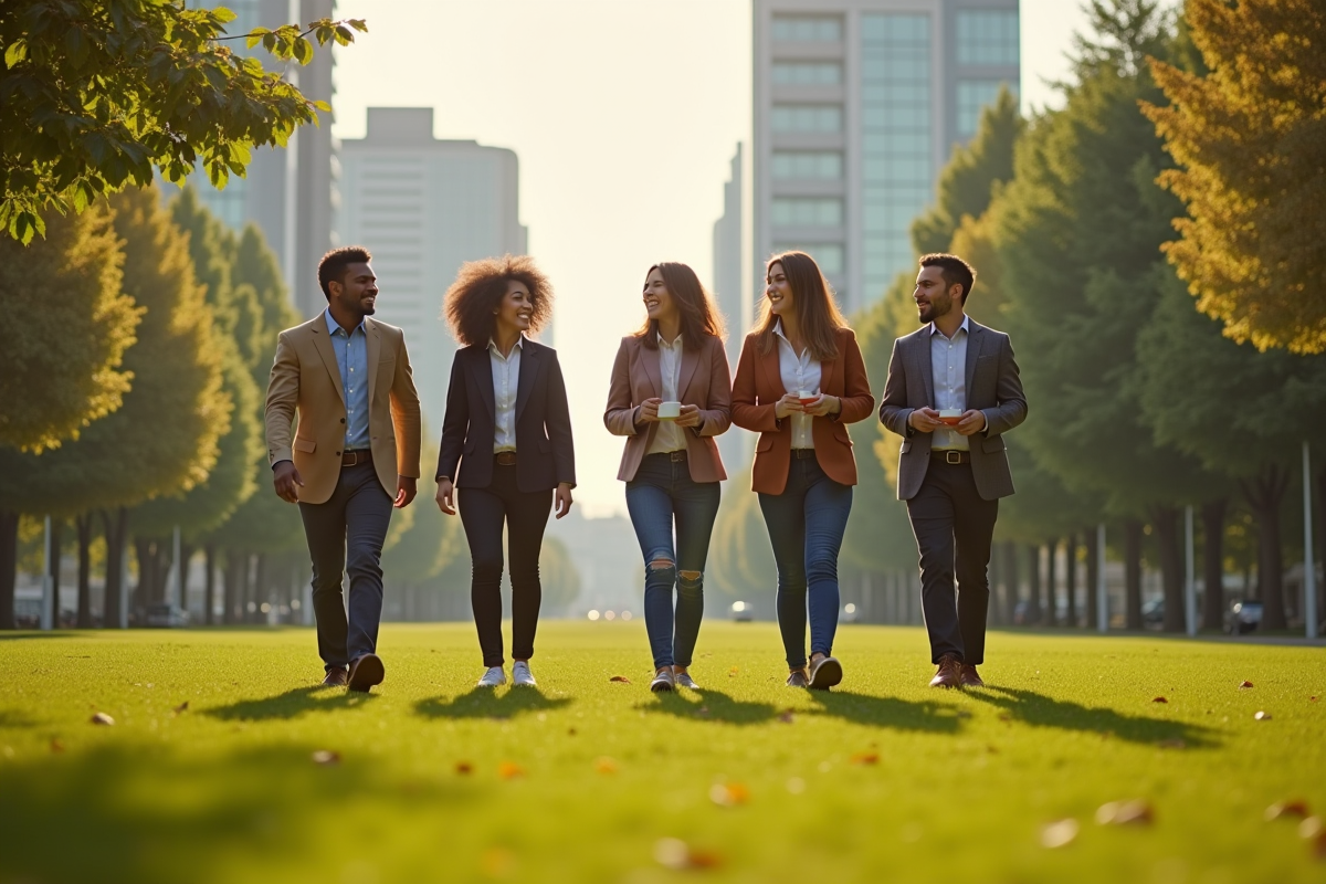 Groupe de collègues se promenant dans un parc urbain en pause déjeuner
