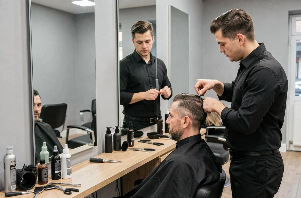 Coiffeur réalisant une coupe pour un client dans un salon de coiffure Cap Horn à Champs-sur-Marne
