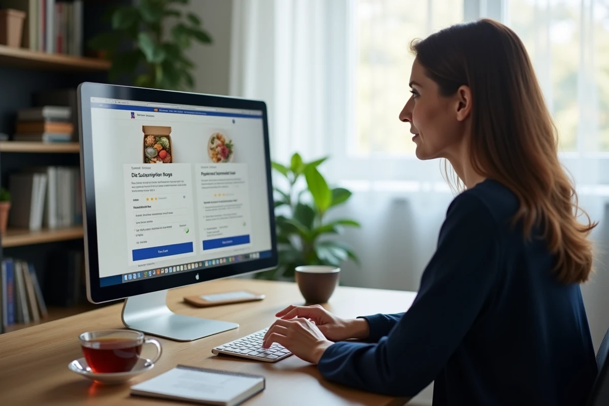 Femme comparant des avis en ligne sur des box minceur avant de commander