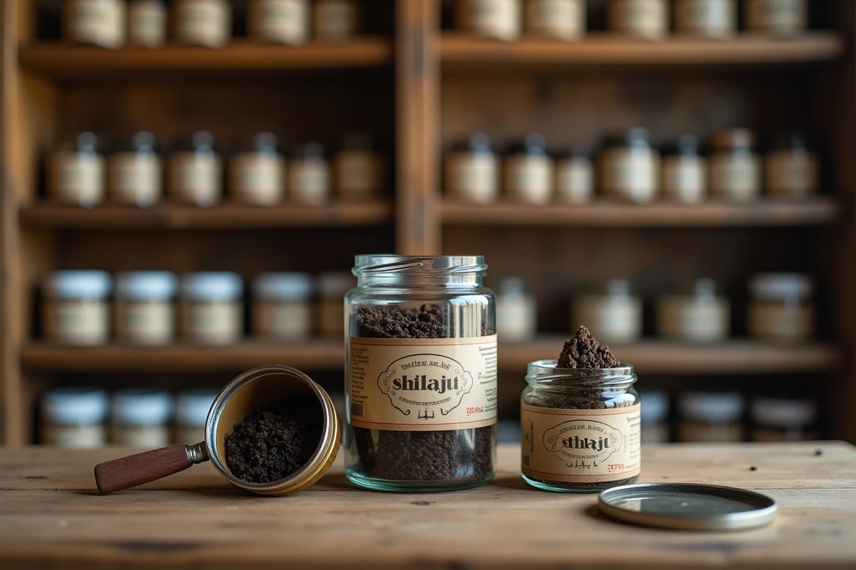 Comparaison de contenants de shilajit pur en bocal de verre et boîte métallique sur une étagère en bois dans une boutique de santé naturelle
