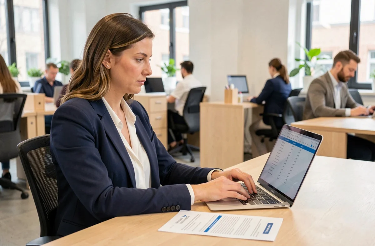 Femme professionnelle comparant des marques et produits sur un ordinateur portable dans un bureau moderne
