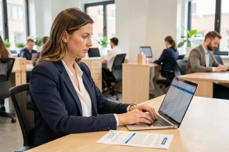 Femme professionnelle comparant des marques et produits sur un ordinateur portable dans un bureau moderne