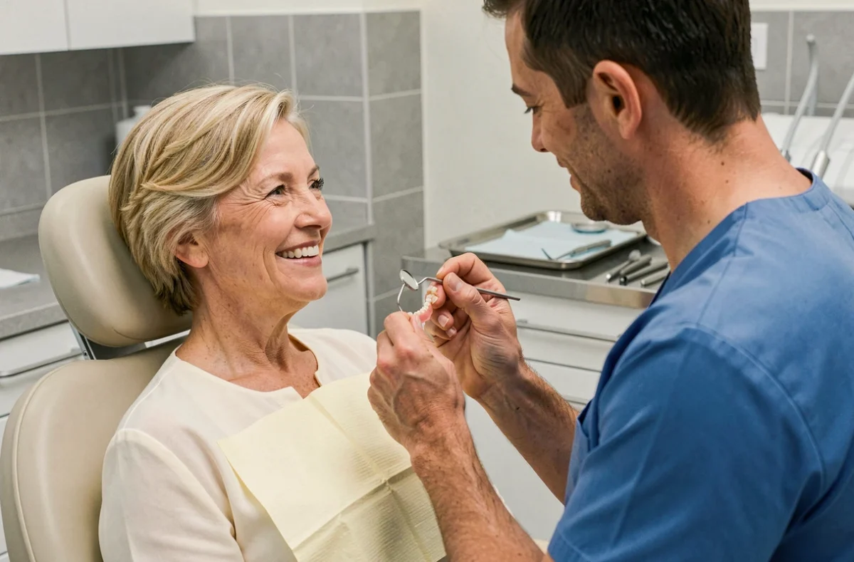 Femme mature en consultation dentaire tenant une prothèse partielle avec crochet, examinée par un dentiste dans une clinique moderne
