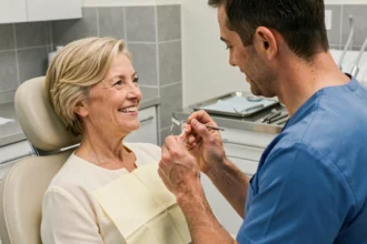 Femme mature en consultation dentaire tenant une prothèse partielle avec crochet, examinée par un dentiste dans une clinique moderne