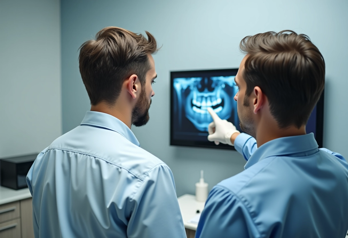 Dentiste montrant un rayon X dentaire à un patient lors d