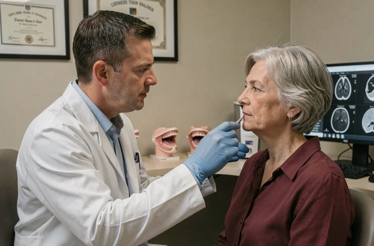Consultation ORL pour examen du cancer de l'amygdale, médecin et patiente en cabinet médical