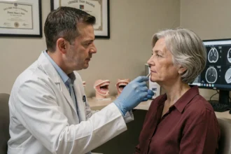 Consultation ORL pour examen du cancer de l'amygdale, médecin et patiente en cabinet médical