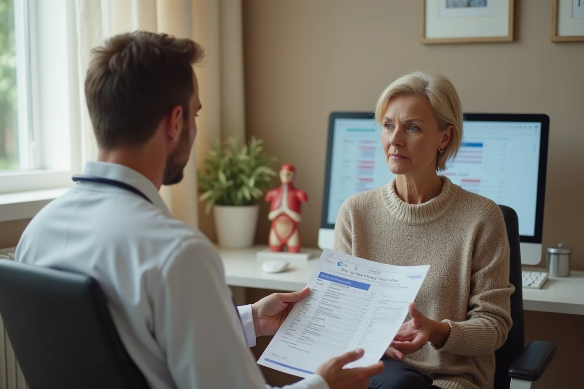 Médecin expliquant des résultats d'analyse sanguine CA 19-9 élevés à une patiente lors d'une consultation médicale