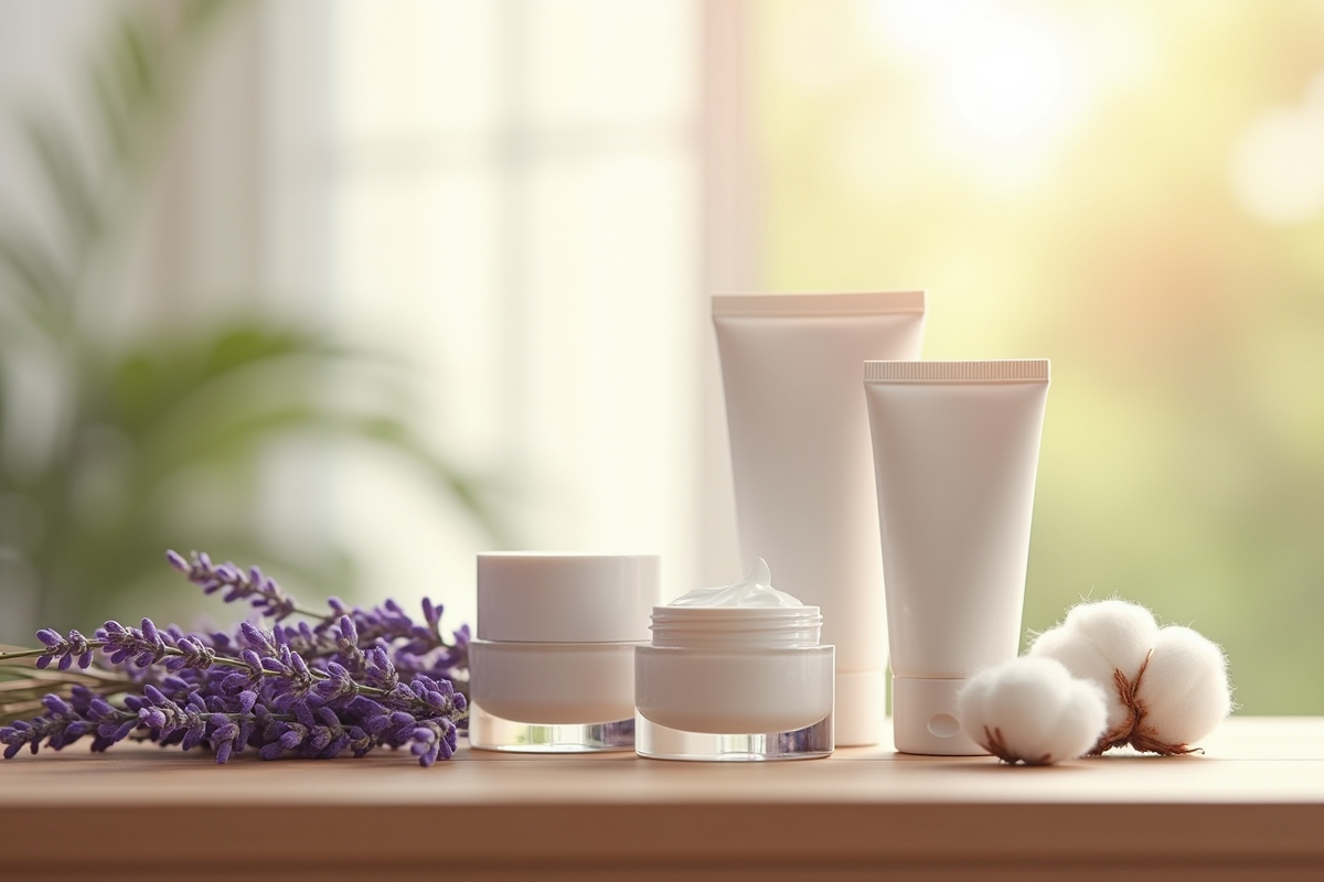 Pot de crèmes et tubes de soins avec lavande et coton