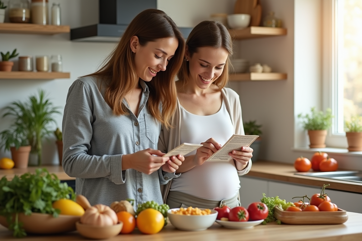 Couple dans la cuisine vérifiant étiquettes produits sains