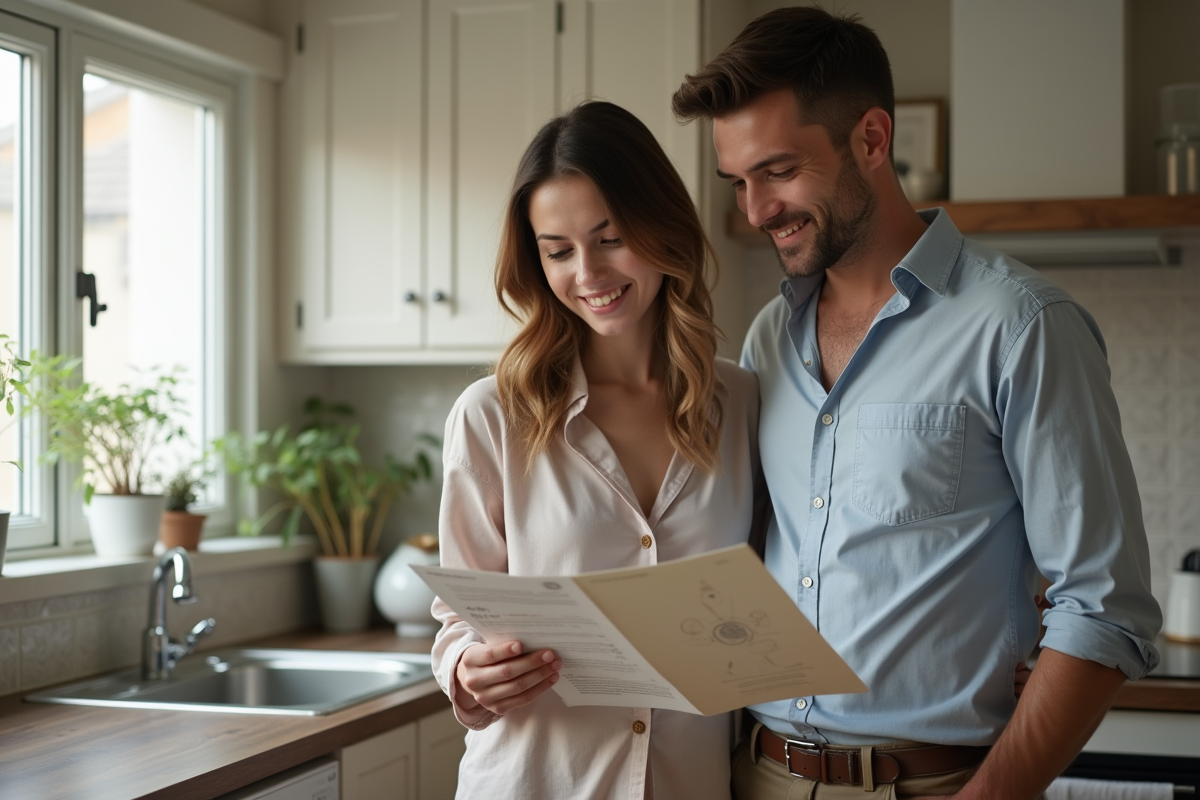 Jeune couple dans la cuisine regardant des dépliants