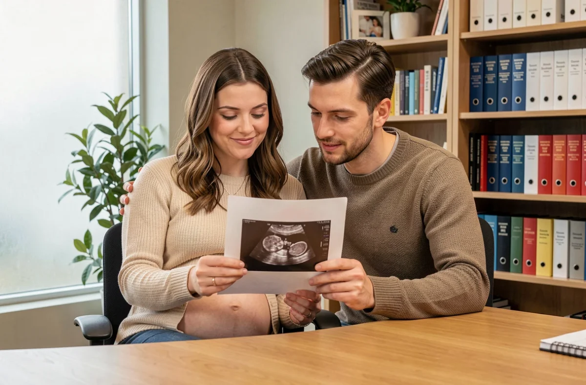 Couple regardant ensemble l'image de l'échographie de datation dans le bureau d'un gynécologue