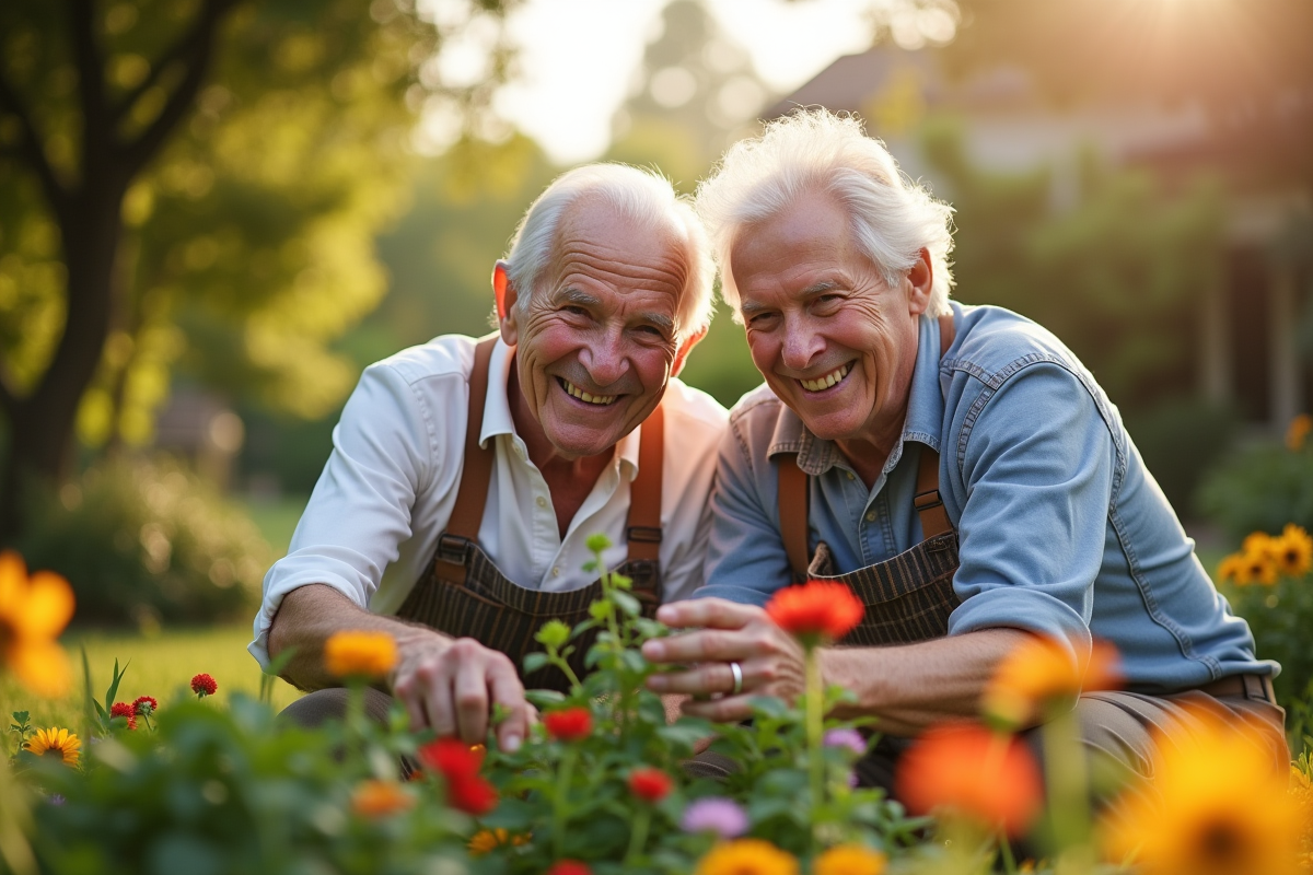 Couple âgé souriant dans le jardin ensoleille