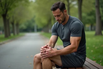 Coureur assis sur un banc de parc tenant son genou douloureux au niveau de la patte d'oie