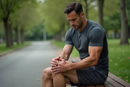 Coureur assis sur un banc de parc tenant son genou douloureux au niveau de la patte d'oie