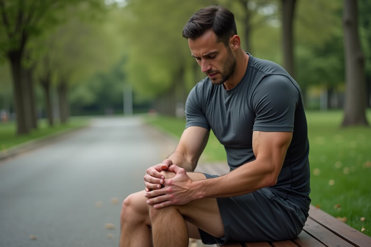 Coureur assis sur un banc de parc tenant son genou douloureux au niveau de la patte d'oie