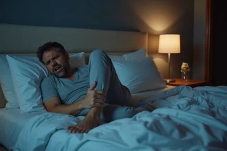 Homme adulte réveillé la nuit en saisissant son mollet à cause d'une crampe musculaire nocturne