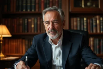 Portrait d'un criminologue français dans son bureau parisien entouré de livres et de dossiers académiques