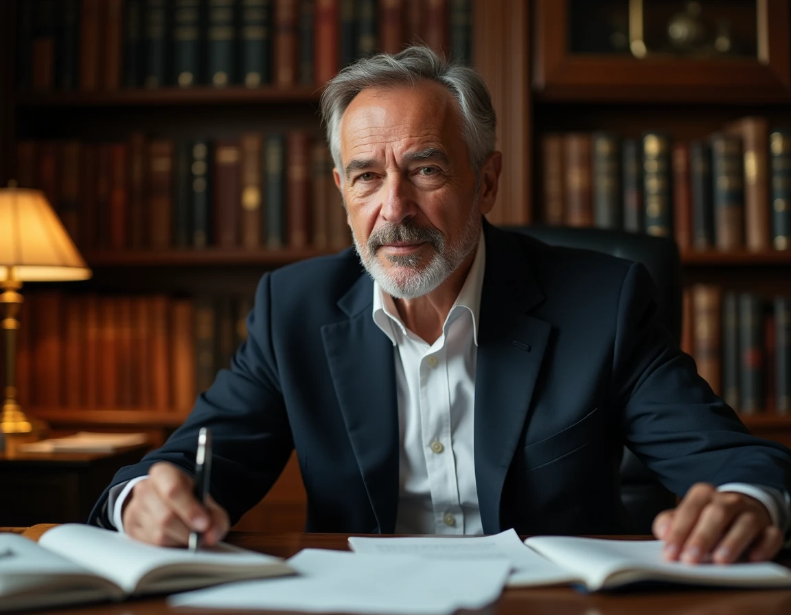 Portrait d'un criminologue français dans son bureau parisien entouré de livres et de dossiers académiques