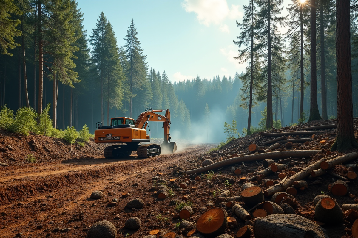 Forêt dense déboisée par des machines en plein jour