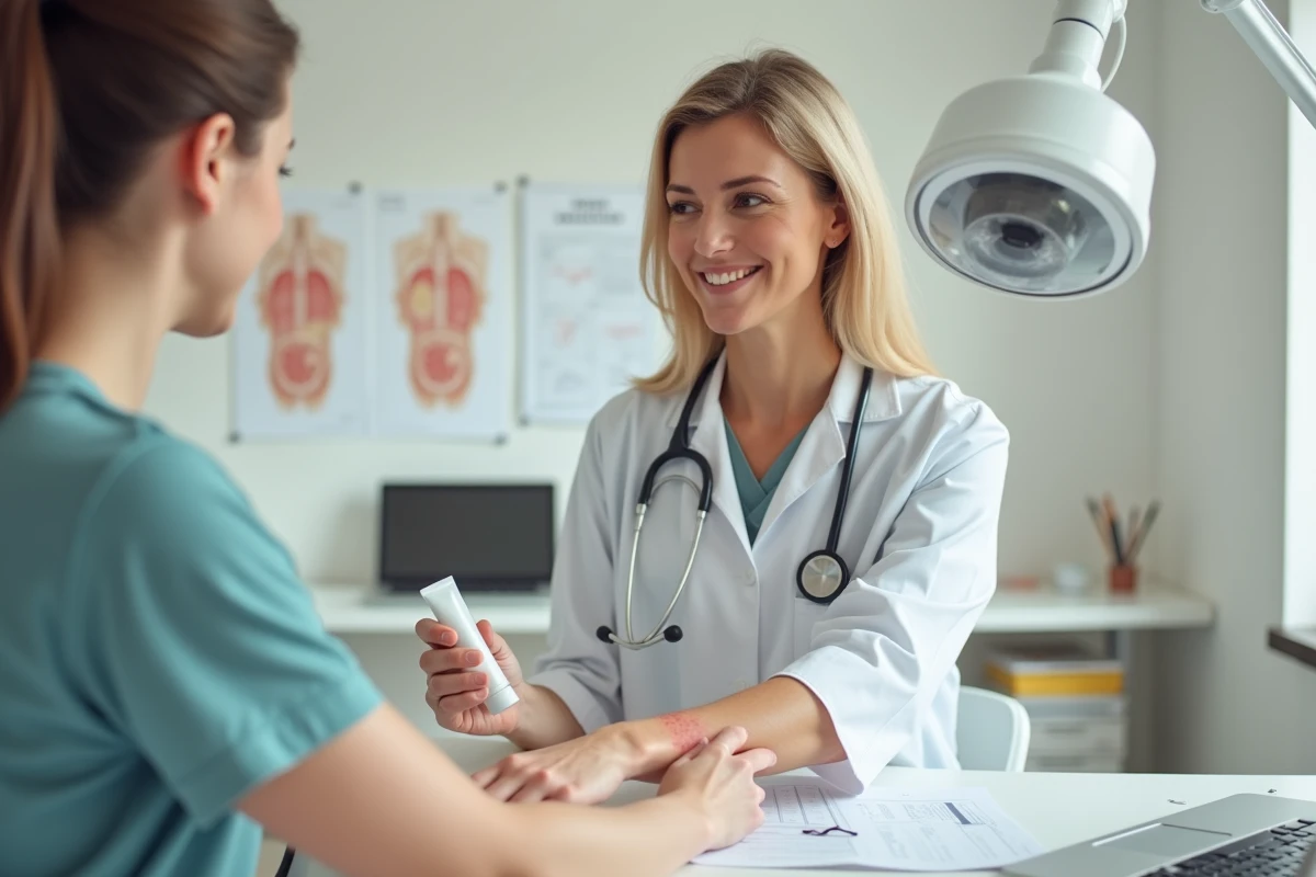 Dermatologue examinant une brûlure légère sur le bras d'un patient avec un tube de gel Ialuset posé sur le bureau médical