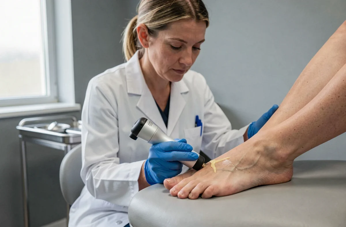 Dermatologue examinant un ongle de pied suspect avec un dermoscope lors d'une consultation médicale spécialisée