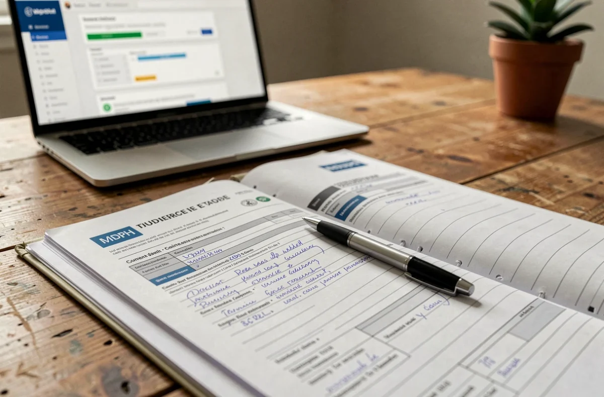 Dossier MDPH ouvert sur un bureau avec formulaires administratifs et annotations pour demande CDAPH