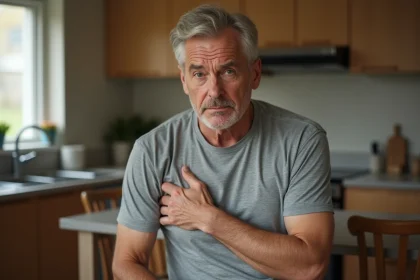 Homme d'âge mûr tenant son aisselle gauche avec une expression de douleur dans une cuisine