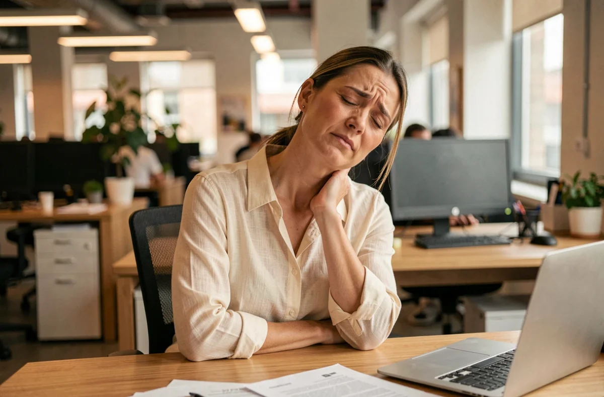 Femme souffrant d'une douleur cervicale irradiant vers l'épaule au bureau, possible protusion discale C5 C6